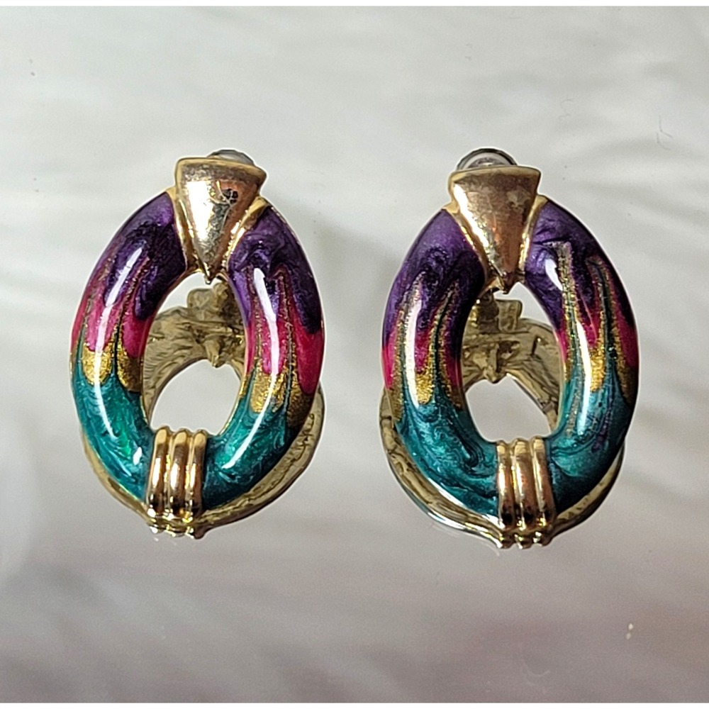 Women's Vintage Gold Tone Multicolor Enamel Oval Earrings